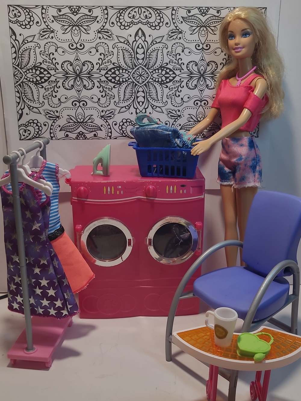 Barbie Pink Laundry Playset with Blonde Doll and Blue Chair